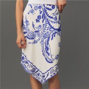 NWT Anthropologie Maeve Silky Hanky-Hem Midi Skirt White and Blue Skirt